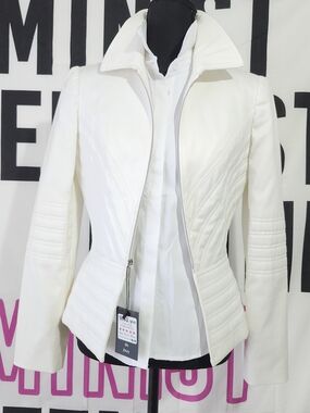 White Geometric Paneling Structured And Tailored Peplum Blazer Jacket NWOT